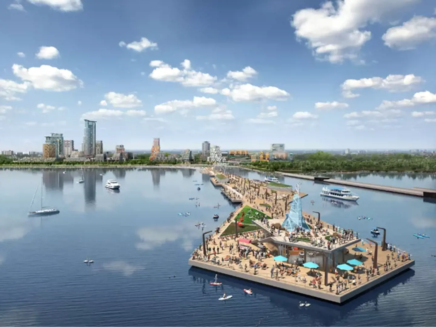 Full view of Riverview Village modern residential community with lakefront houses and scenic surroundings