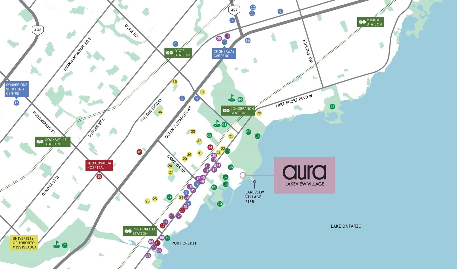 Aura at Lakeview Village amenity map showing local parks transit and waterfront trails in Mississauga